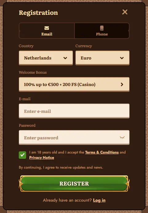 Maak een account aan en log in bij WildRobin Casino
